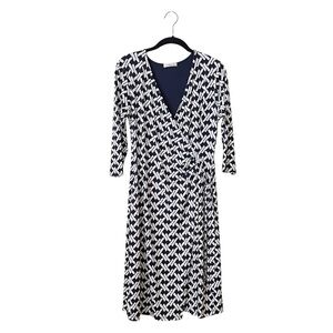 Gilli Faux Wrap Midi Dress Women's Size M Navy White Print 3/4 Sleeve Stitch Fix